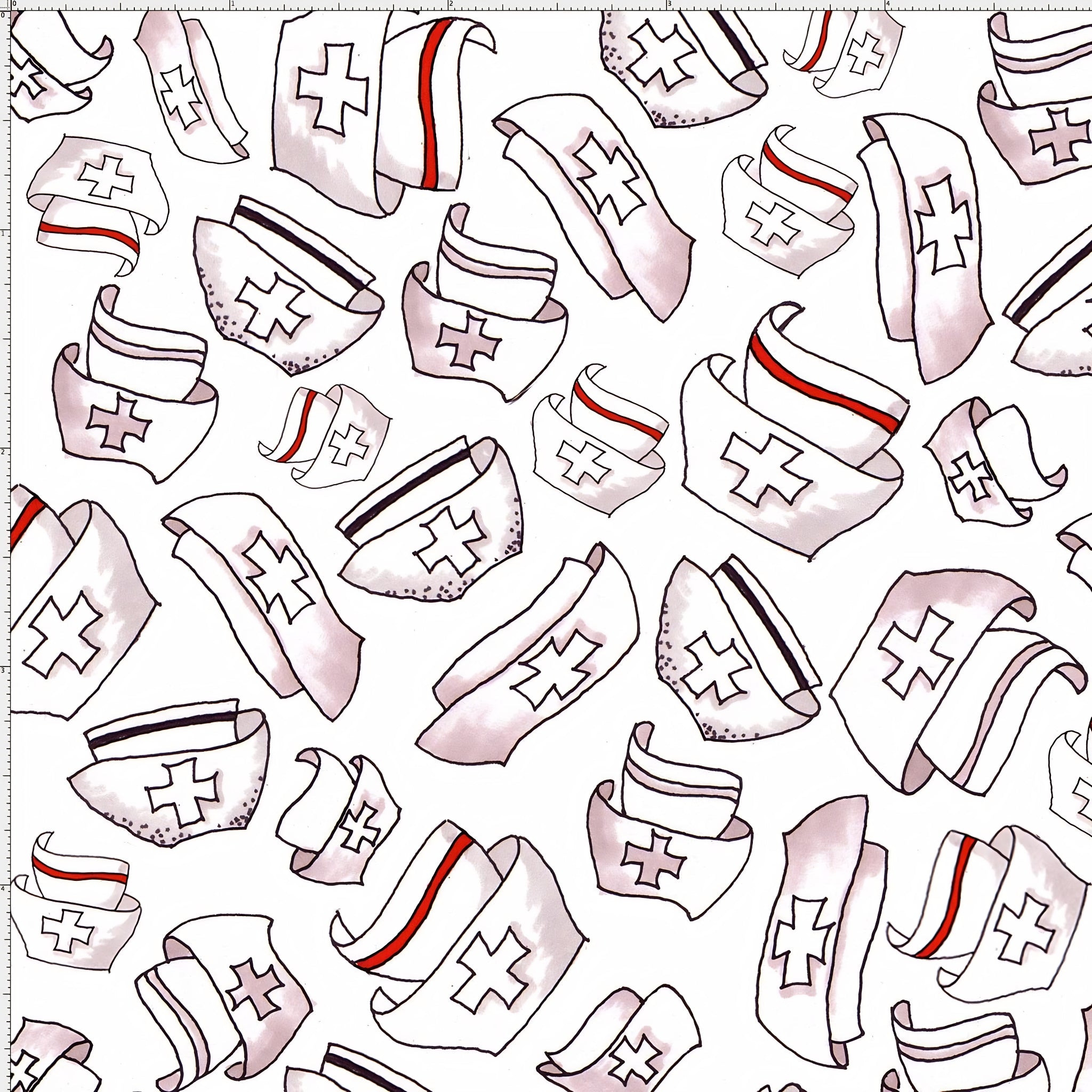Novelty tossed nurse caps red black stripe cross details white fabric for nurse quilts scrub caps and healthcare gifts Loralie Harris Designs