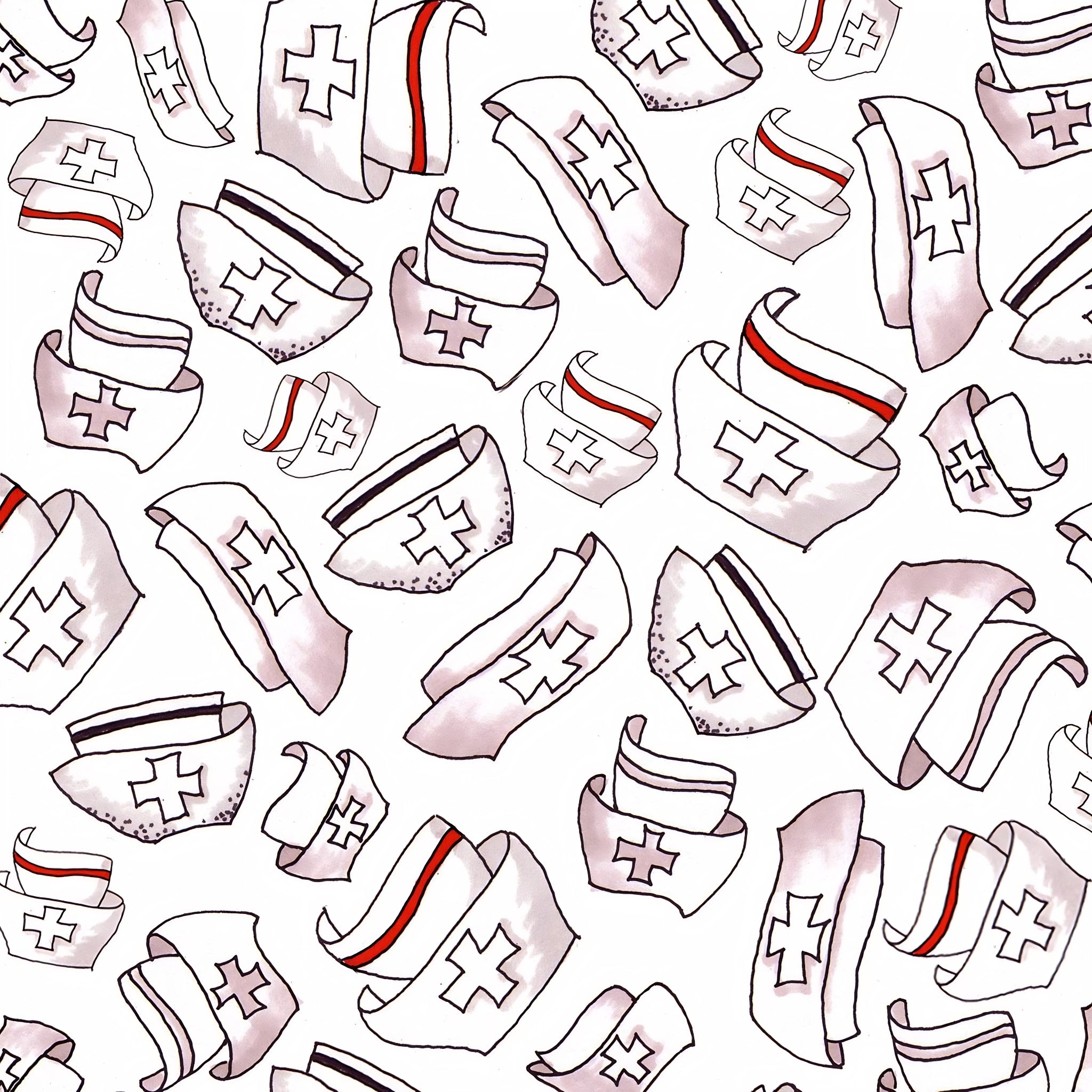 Novelty tossed nurse caps red black stripe cross details white fabric for nurse quilts scrub caps and healthcare gifts Loralie Harris Designs