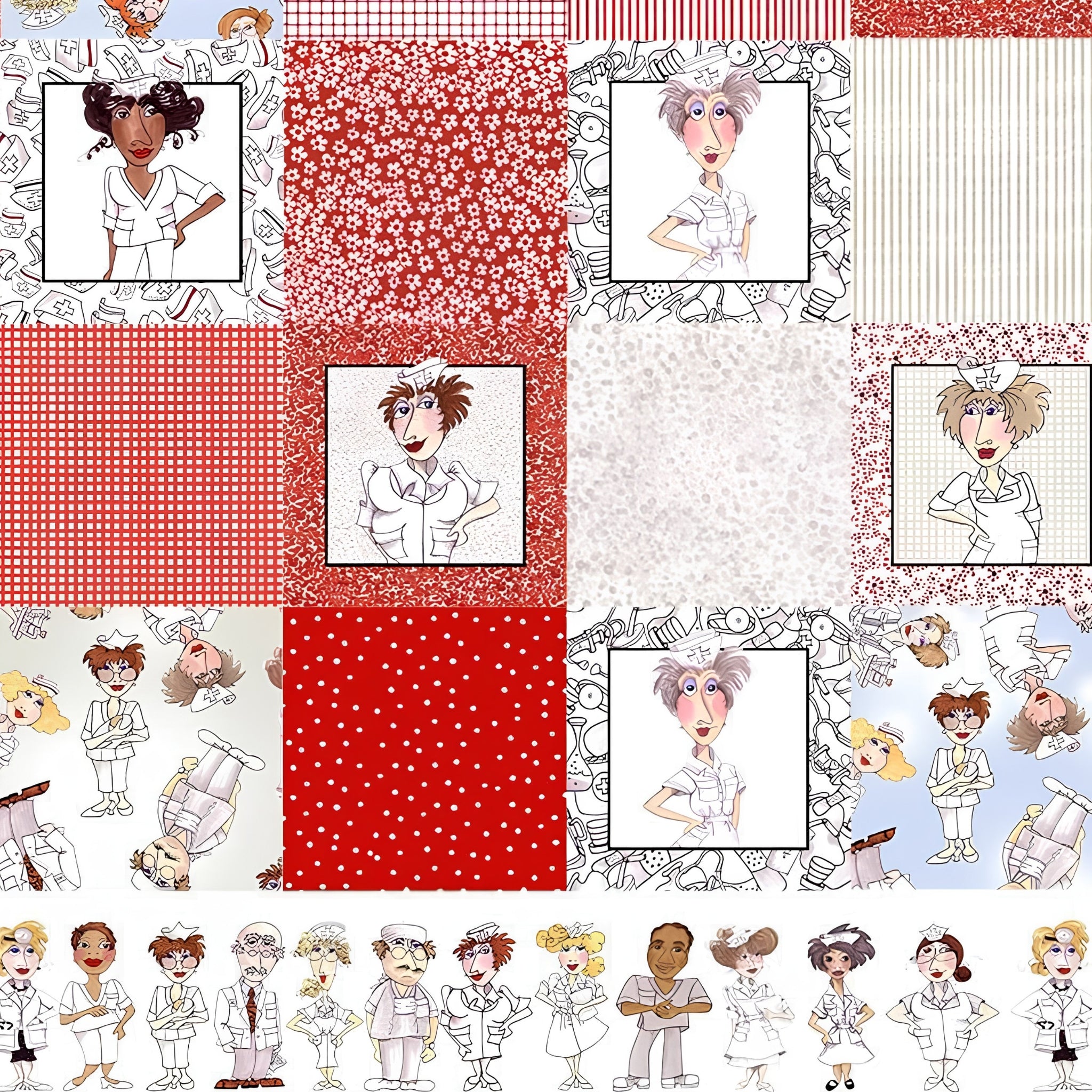 Novelty nurse medley panel red white with nurse portraits coordinates medical motifs and border strips fabric for nurse quilts wall hangings and healthcare gifts Loralie Harris Designs