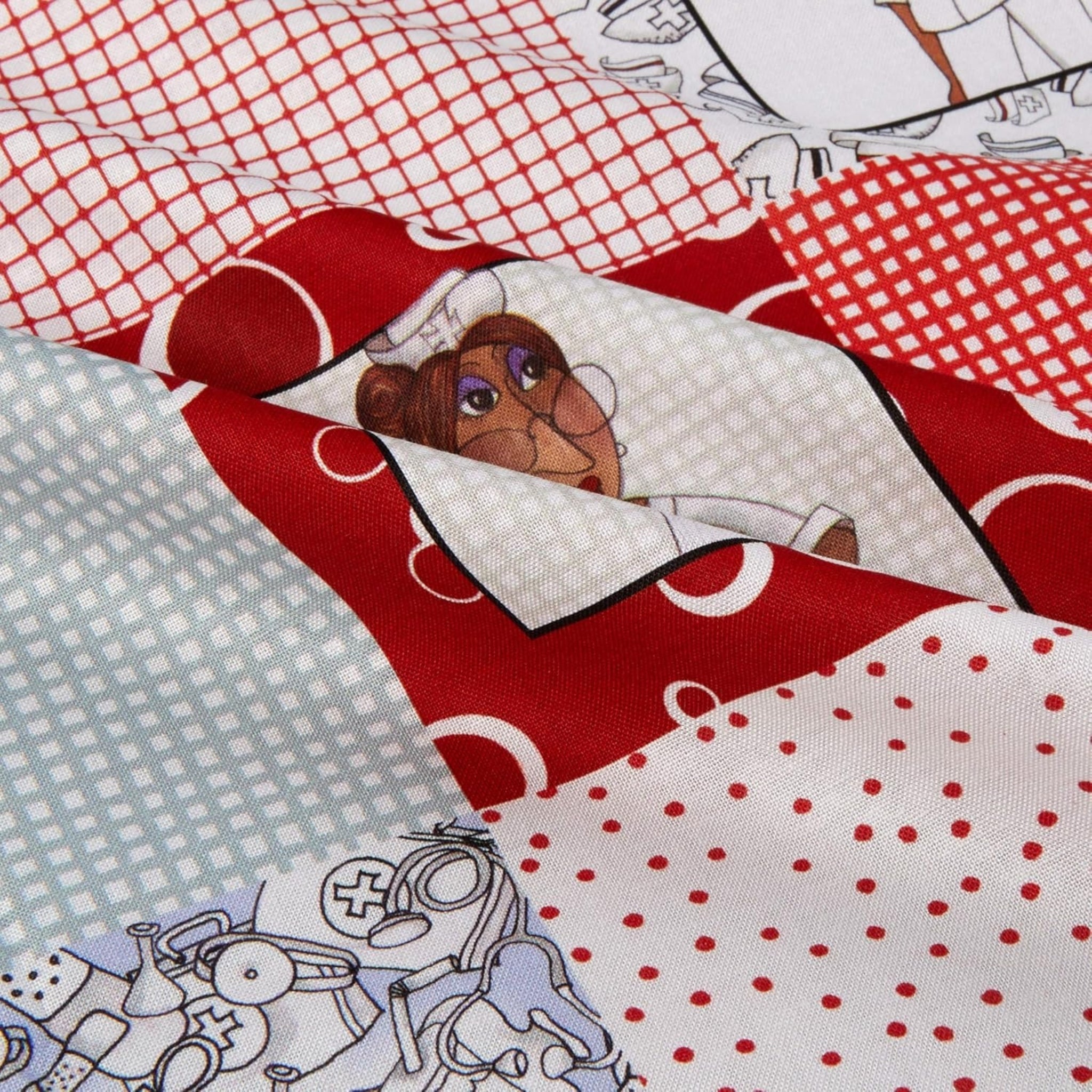Novelty nurse medley panel red white with nurse portraits coordinates medical motifs and border strips fabric for nurse quilts wall hangings and healthcare gifts Loralie Harris Designs
