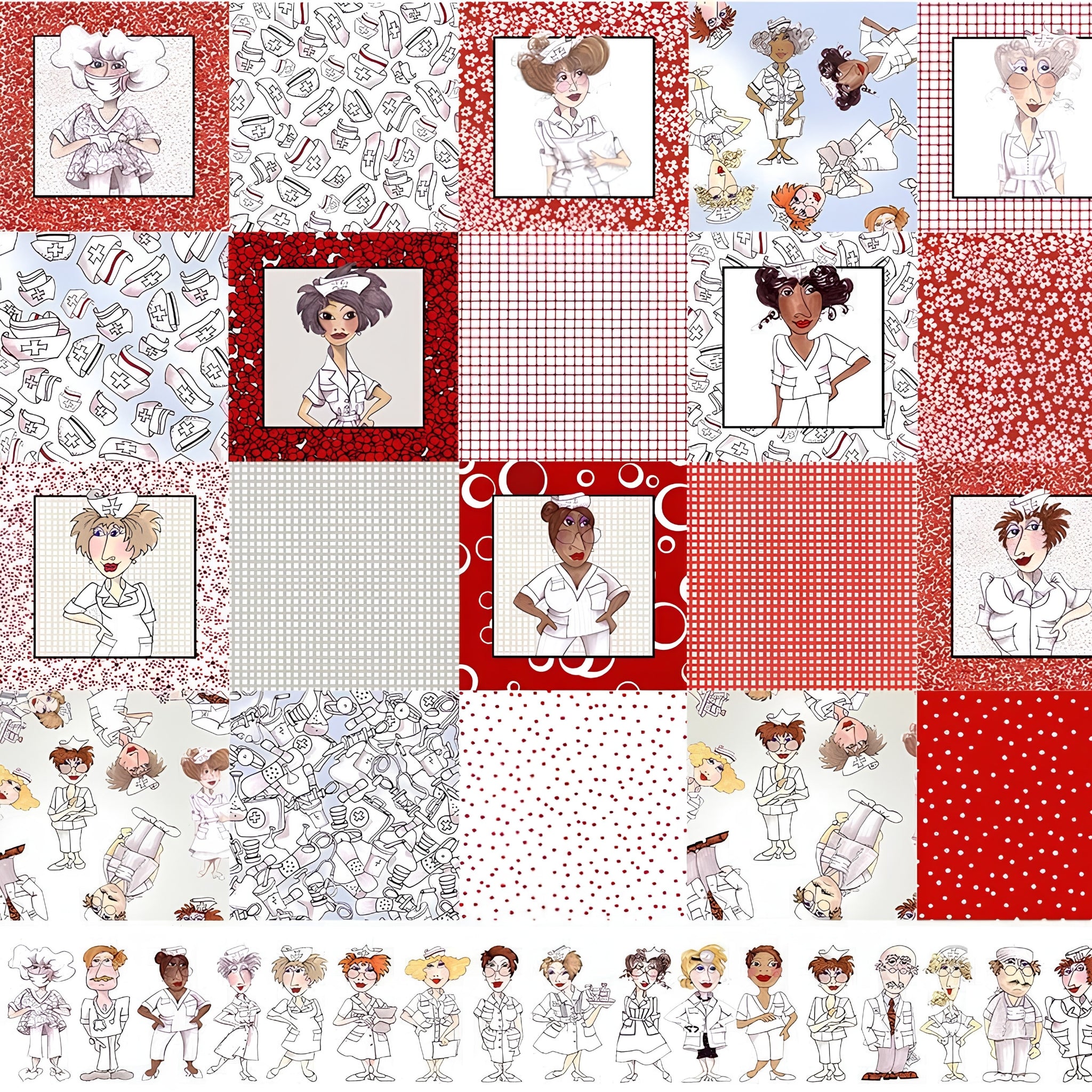 Novelty nurse medley panel red white with nurse portraits coordinates medical motifs and border strips fabric for nurse quilts wall hangings and healthcare gifts Loralie Harris Designs