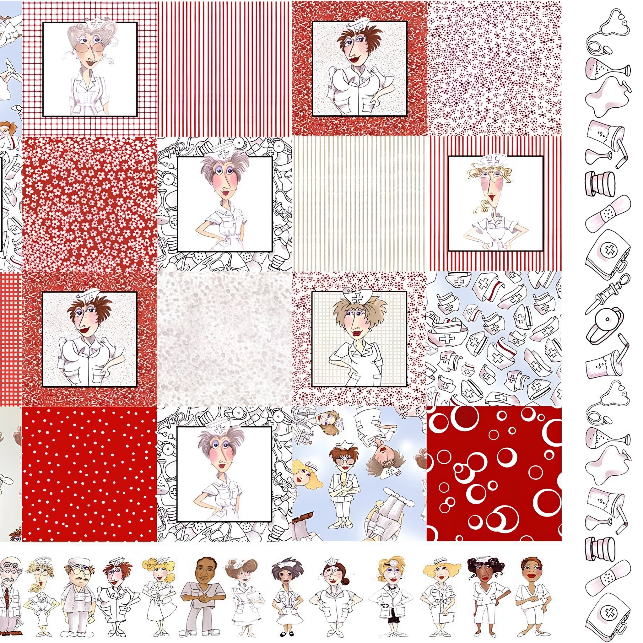 Novelty nurse medley panel red white with nurse portraits coordinates medical motifs and border strips fabric for nurse quilts wall hangings and healthcare gifts Loralie Harris Designs