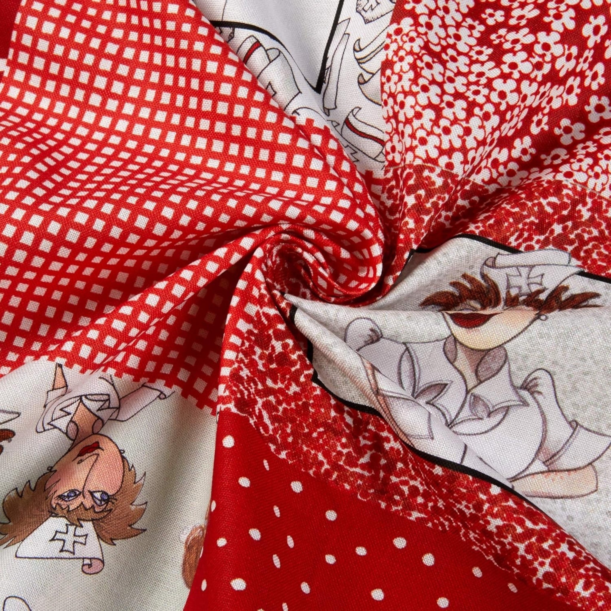 Novelty nurse medley panel red white with nurse portraits coordinates medical motifs and border strips fabric for nurse quilts wall hangings and healthcare gifts Loralie Harris Designs