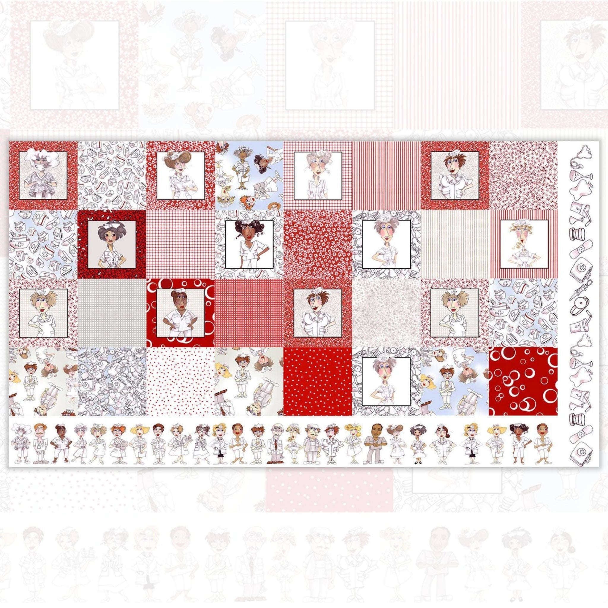 Novelty nurse medley panel red white with nurse portraits coordinates medical motifs and border strips fabric for nurse quilts wall hangings and healthcare gifts Loralie Harris Designs