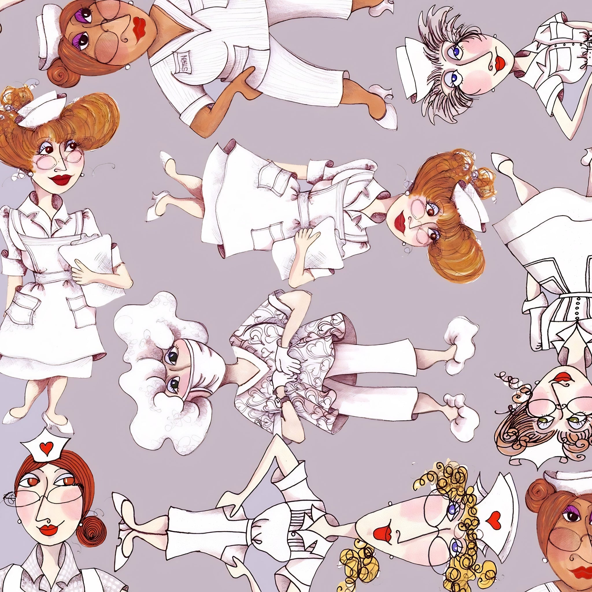 Novelty tossed nurse characters white uniforms grey fabric for nurse quilts scrub caps tote bags and healthcare gifts Loralie Harris Designs