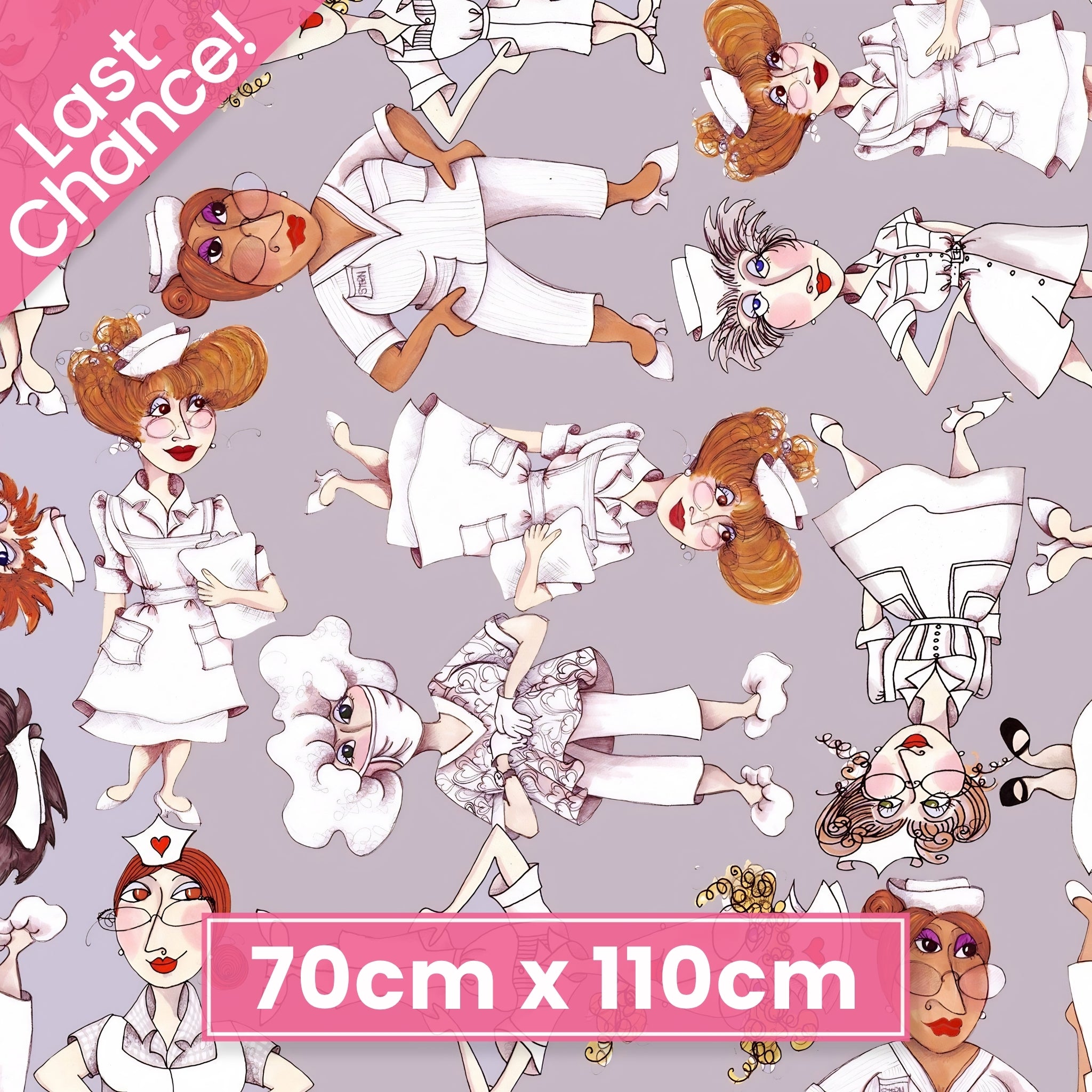 Novelty tossed nurse characters white uniforms grey fabric for nurse quilts scrub caps tote bags and healthcare gifts Loralie Harris Designs