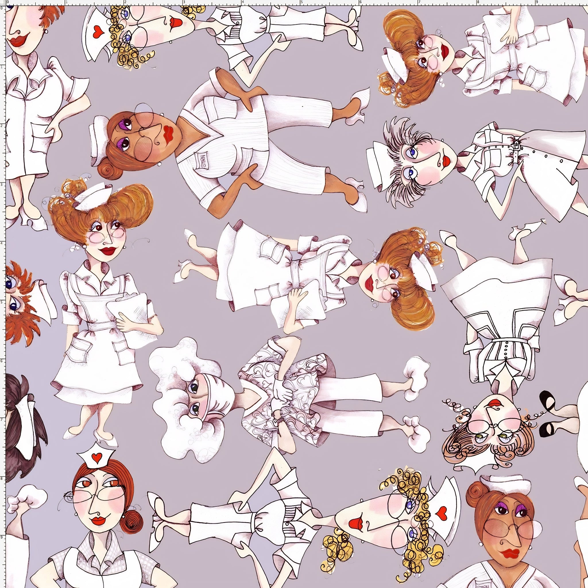 Novelty tossed nurse characters white uniforms grey fabric for nurse quilts scrub caps tote bags and healthcare gifts Loralie Harris Designs