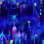 Painted city skyline novelty digital print electric blue purple pink turquoise yellow lime green night sky fabric for feature quilts bags and urban patchwork sewing projects