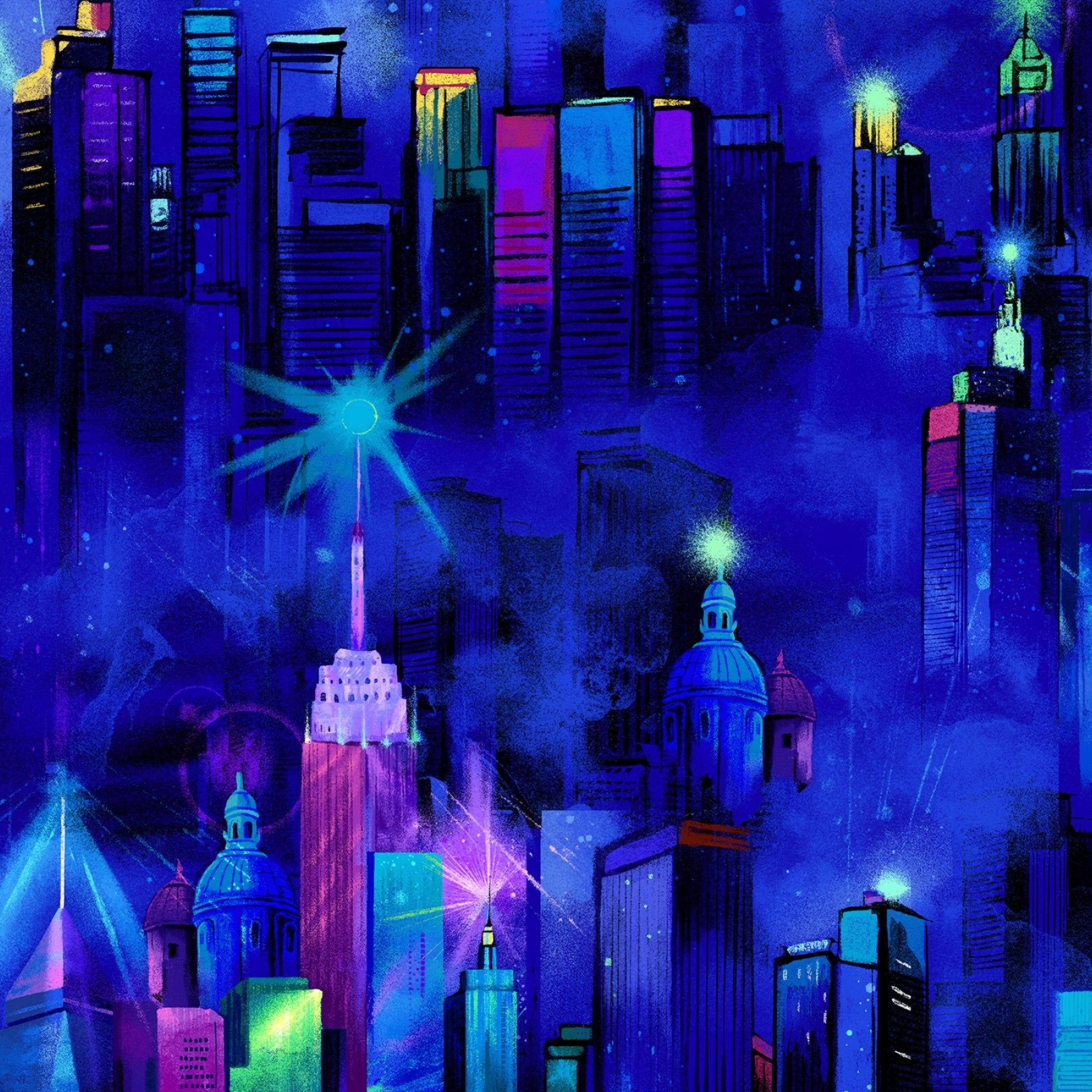 Painted city skyline novelty digital print electric blue purple pink turquoise yellow lime green night sky fabric for feature quilts bags and urban patchwork sewing projects