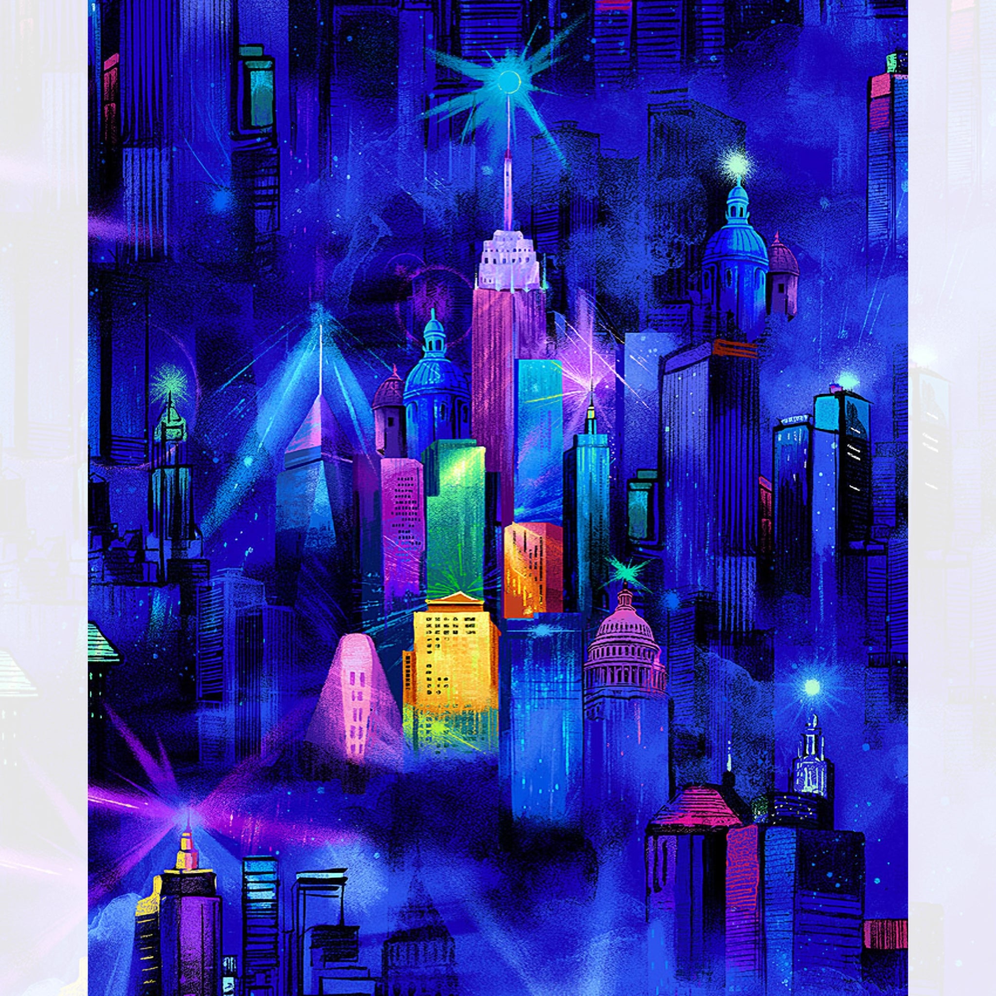 Painted city skyline novelty digital print electric blue purple pink turquoise yellow lime green night sky fabric for feature quilts bags and urban patchwork sewing projects