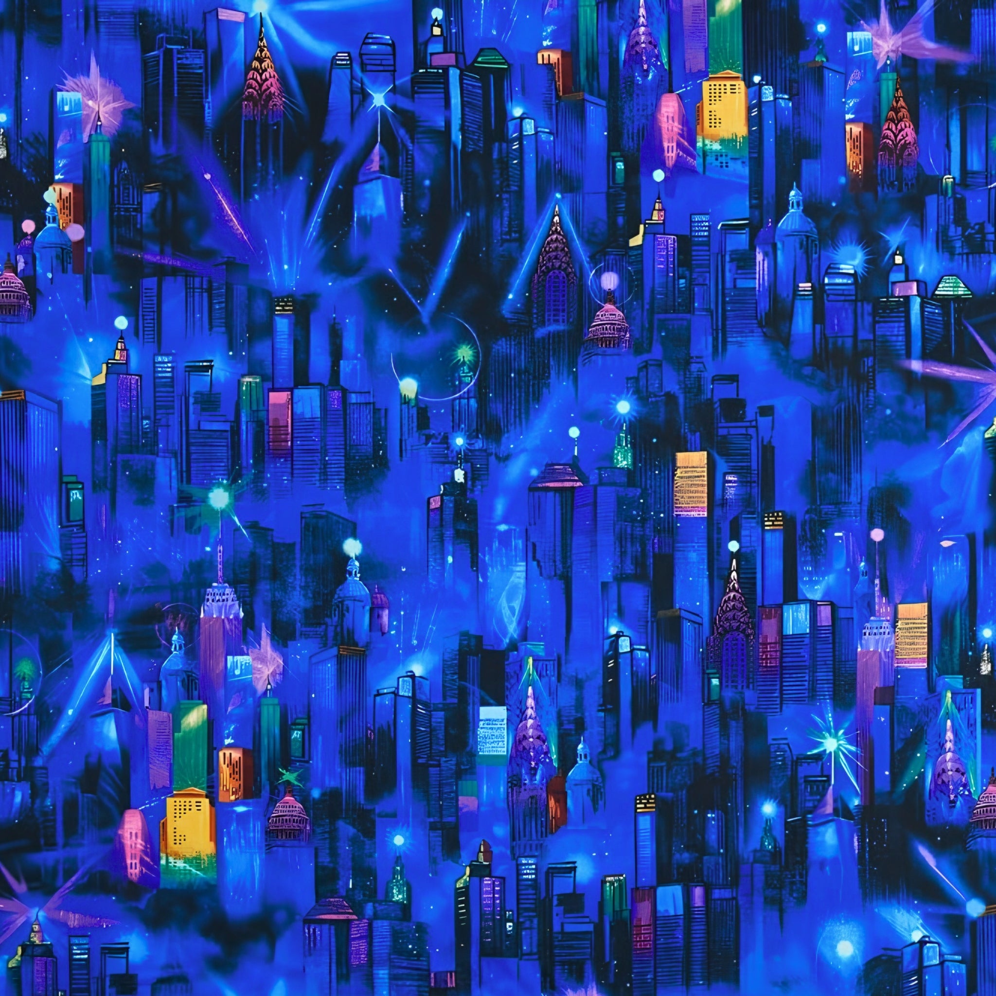 Painted city skyline novelty digital print electric blue purple pink turquoise yellow lime green night sky fabric for feature quilts bags and urban patchwork sewing projects