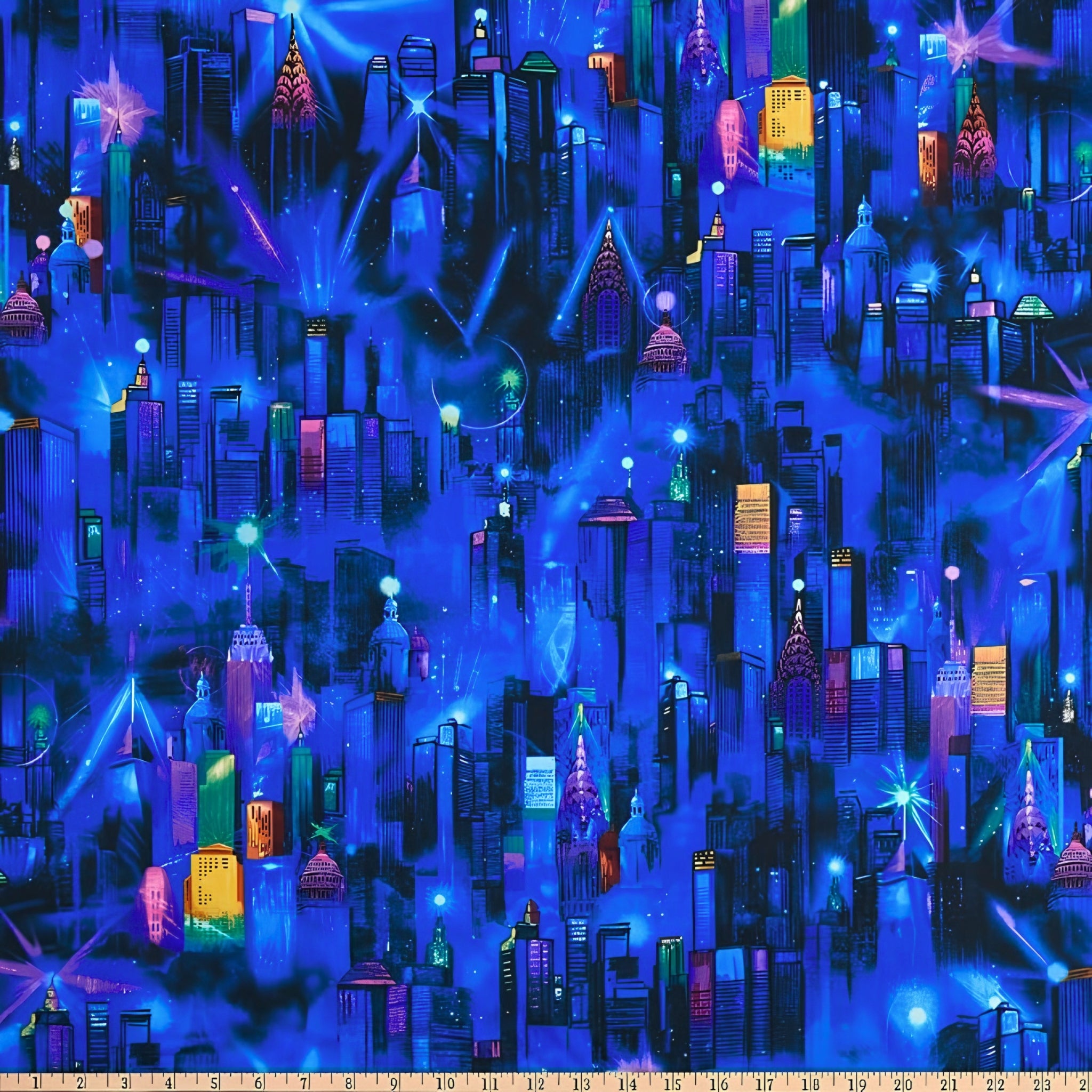 Painted city skyline novelty digital print electric blue purple pink turquoise yellow lime green night sky fabric for feature quilts bags and urban patchwork sewing projects