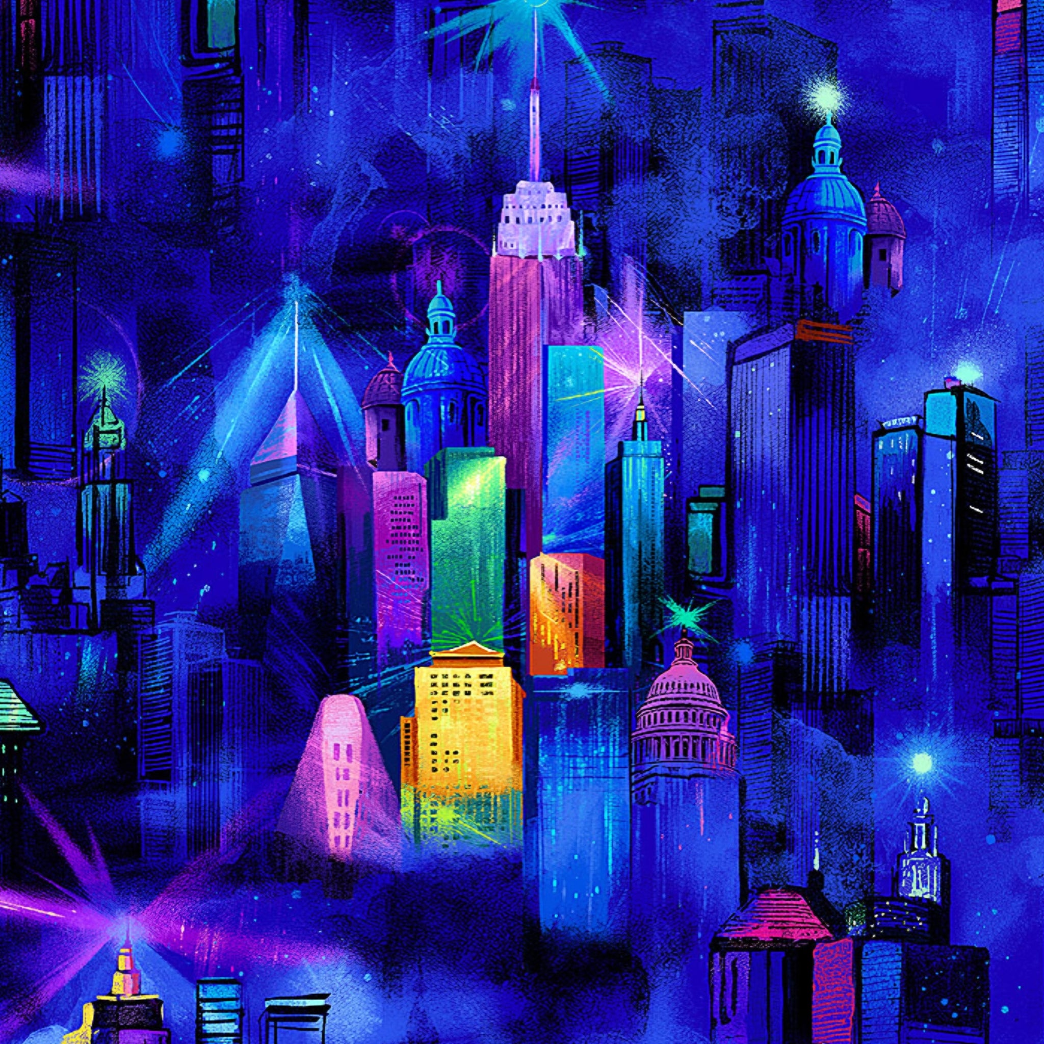 Painted city skyline novelty digital print electric blue purple pink turquoise yellow lime green night sky fabric for feature quilts bags and urban patchwork sewing projects