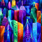Nightlife city skyline panel detail lower buildings purple teal orange red lime green Chrysler Building Capitol dome digital print quilting fabric