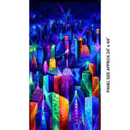 Nightlife electric skyline panel painted city buildings electric blue purple pink turquoise yellow orange lime green night sky digital print for panel quilts and wall art