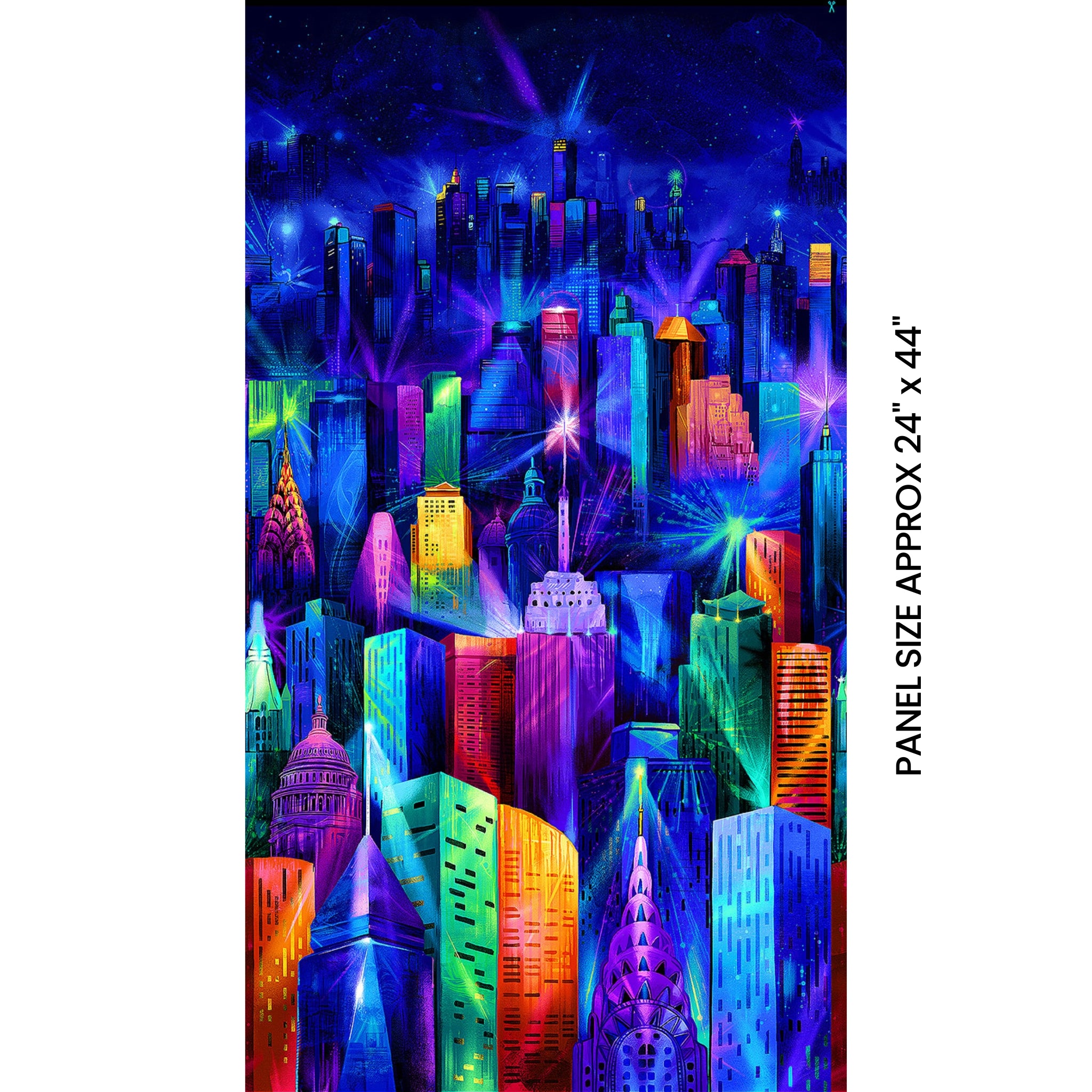 Nightlife electric skyline panel painted city buildings electric blue purple pink turquoise yellow orange lime green night sky digital print for panel quilts and wall art
