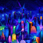 Nightlife city skyline panel detail upper buildings electric blue purple pink turquoise night sky stars digital print quilting fabric