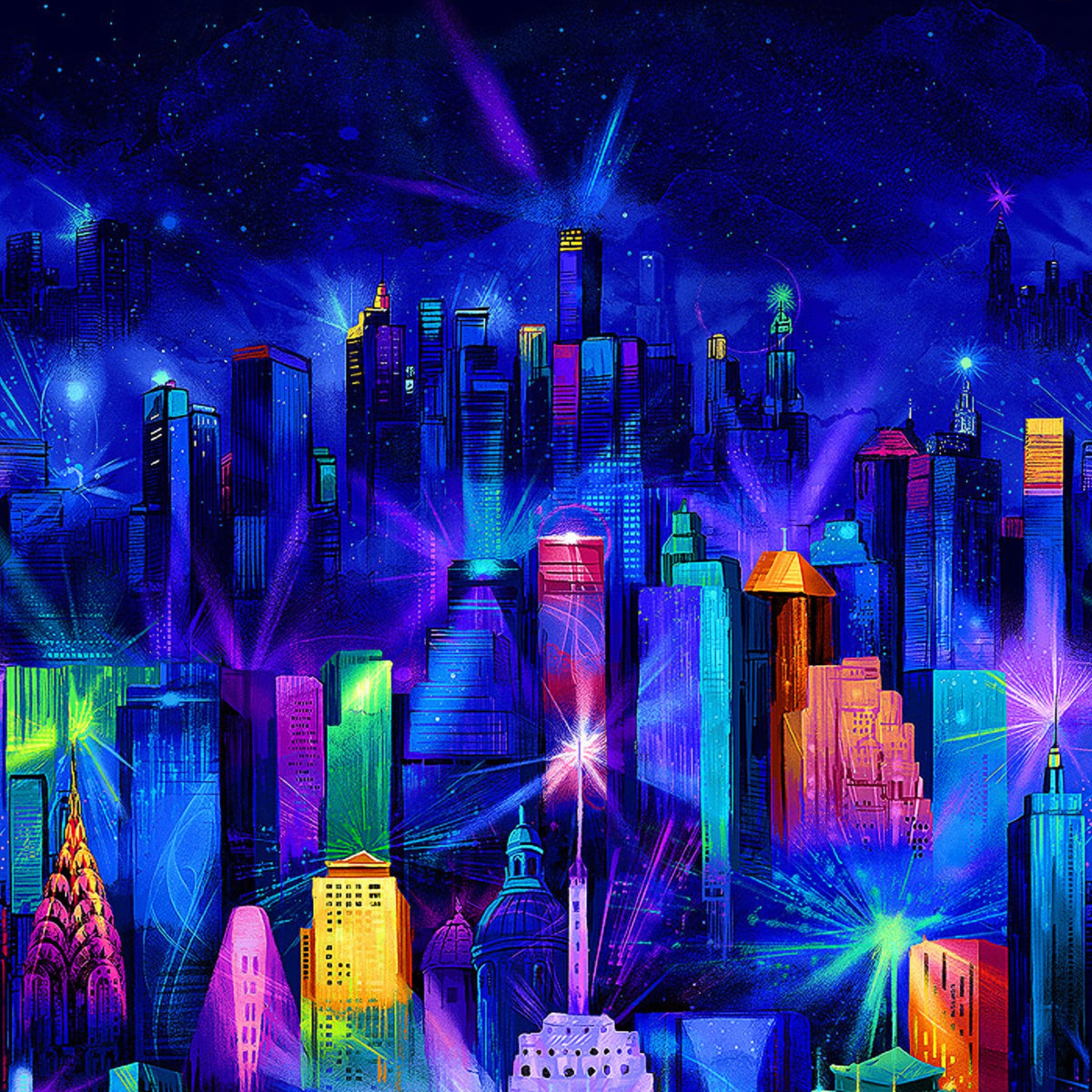 Nightlife city skyline panel detail upper buildings electric blue purple pink turquoise night sky stars digital print quilting fabric