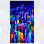 Nightlife neon city skyline panel electric blue purple pink turquoise yellow orange lime green night sky digital print for panel quilts and wall art
