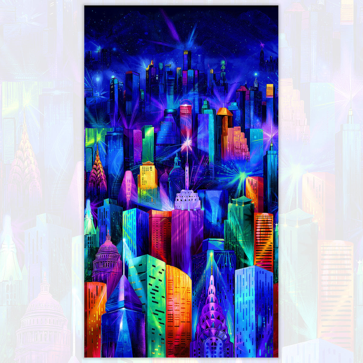 Nightlife neon city skyline panel electric blue purple pink turquoise yellow orange lime green night sky digital print for panel quilts and wall art