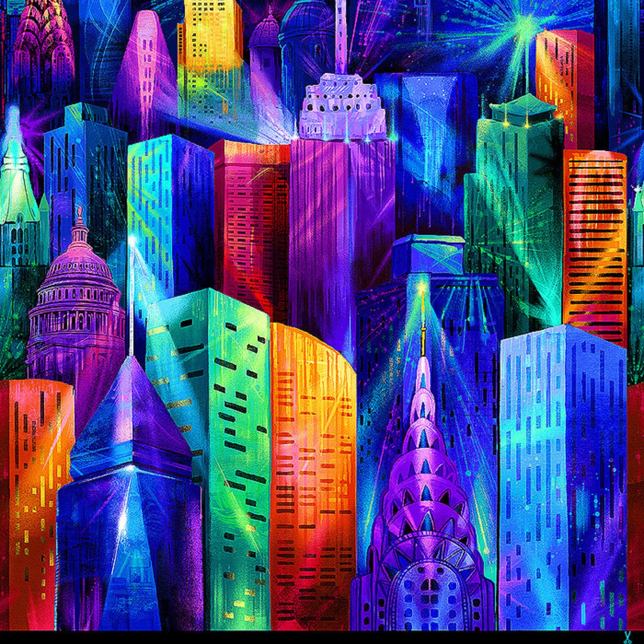 City skyline panel in electric blue purple pink turquoise yellow orange lime green fabric for modern quilts and wall hangings