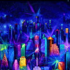 City skyline panel in electric blue purple pink turquoise yellow orange lime green fabric for modern quilts and wall hangings