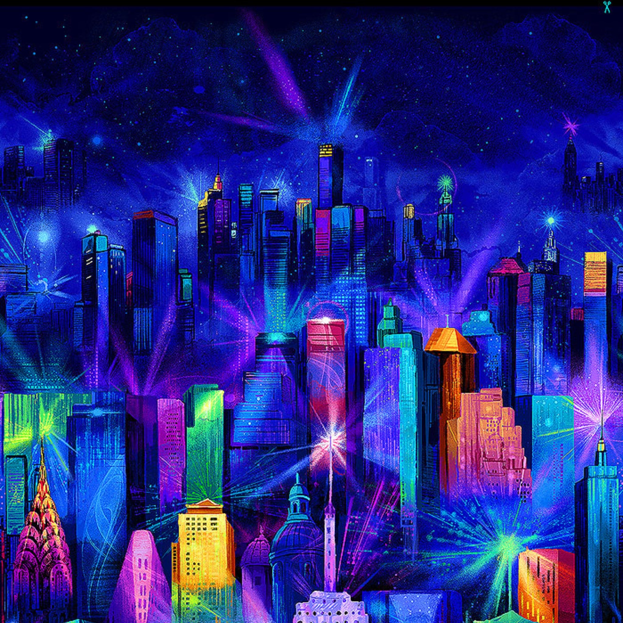 City skyline panel in electric blue purple pink turquoise yellow orange lime green fabric for modern quilts and wall hangings