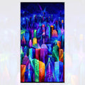City skyline panel in electric blue purple pink turquoise yellow orange lime green fabric for modern quilts and wall hangings