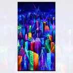 City skyline panel in electric blue purple pink turquoise yellow orange lime green fabric for modern quilts and wall hangings