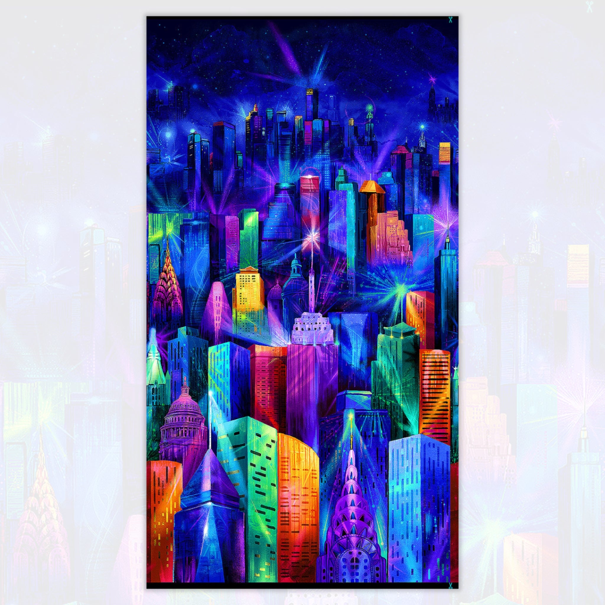 City skyline panel in electric blue purple pink turquoise yellow orange lime green fabric for modern quilts and wall hangings
