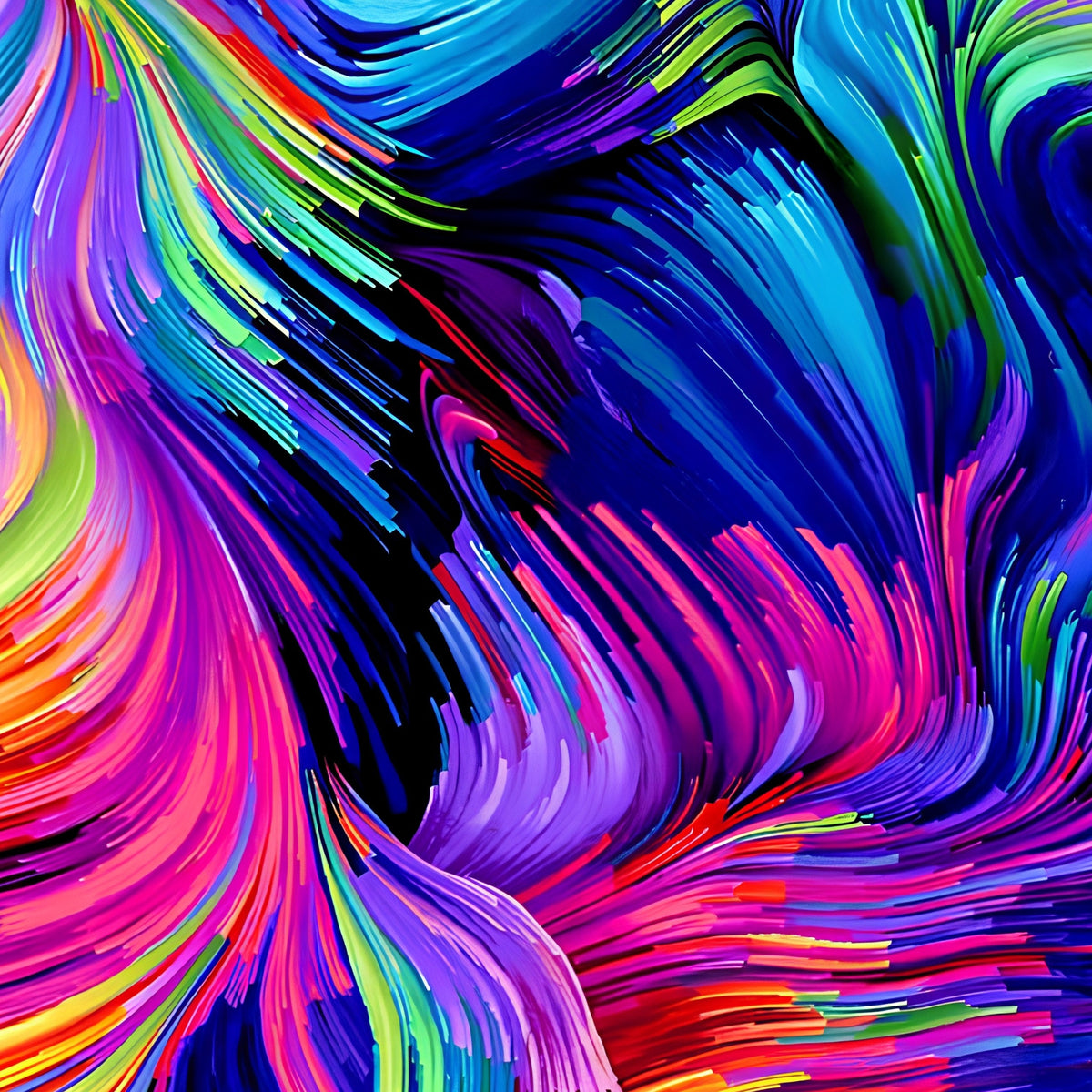 Swirling rainbow brushstroke blender blue purple pink fuchsia yellow lime green turquoise black background digital print fabric for feature quilts bags and bold patchwork sewing projects