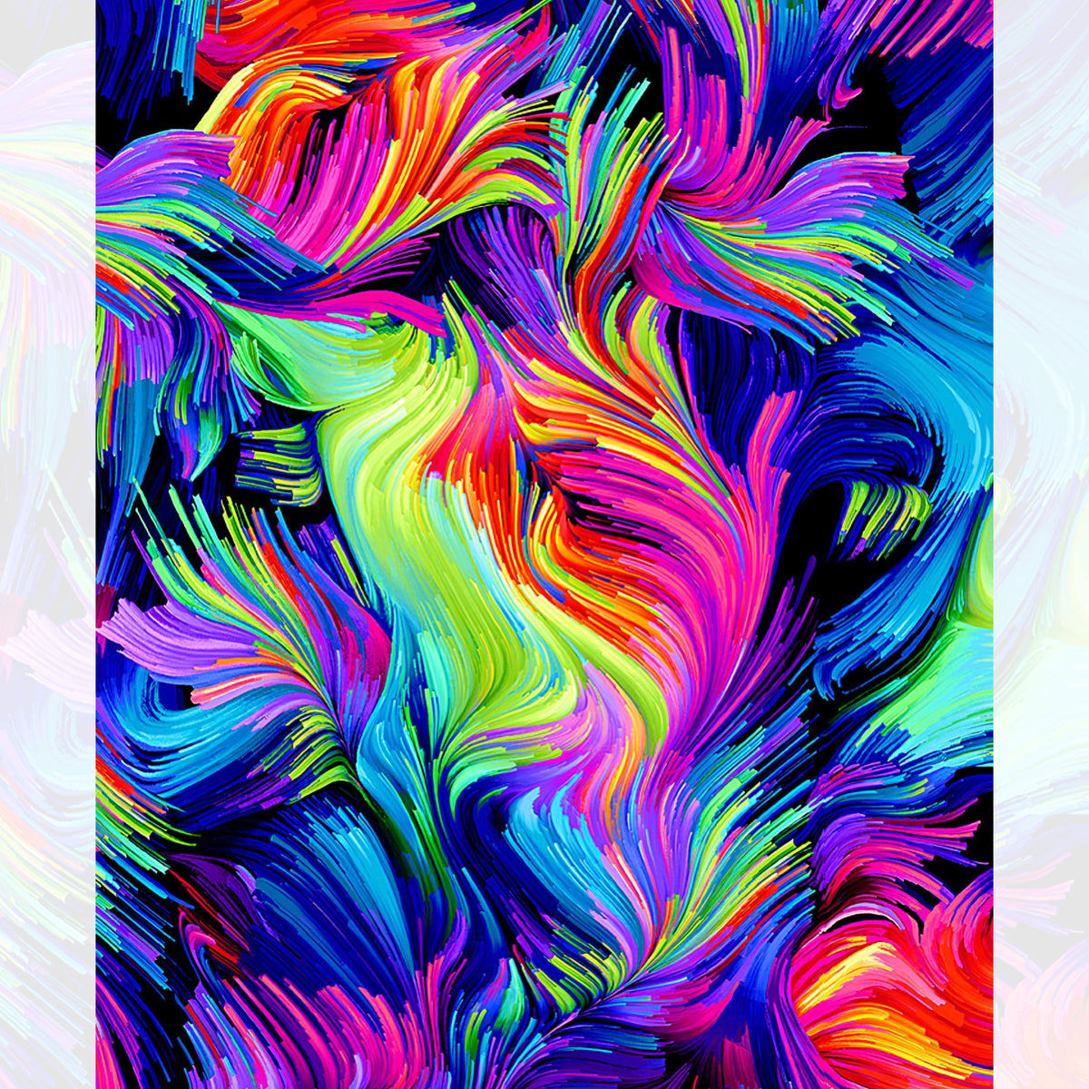 Swirling rainbow brushstroke blender blue purple pink fuchsia yellow lime green turquoise black background digital print fabric for feature quilts bags and bold patchwork sewing projects
