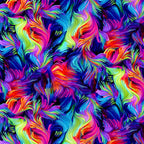 Swirling rainbow brushstroke blender blue purple pink fuchsia yellow lime green turquoise black background digital print fabric for feature quilts bags and bold patchwork sewing projects