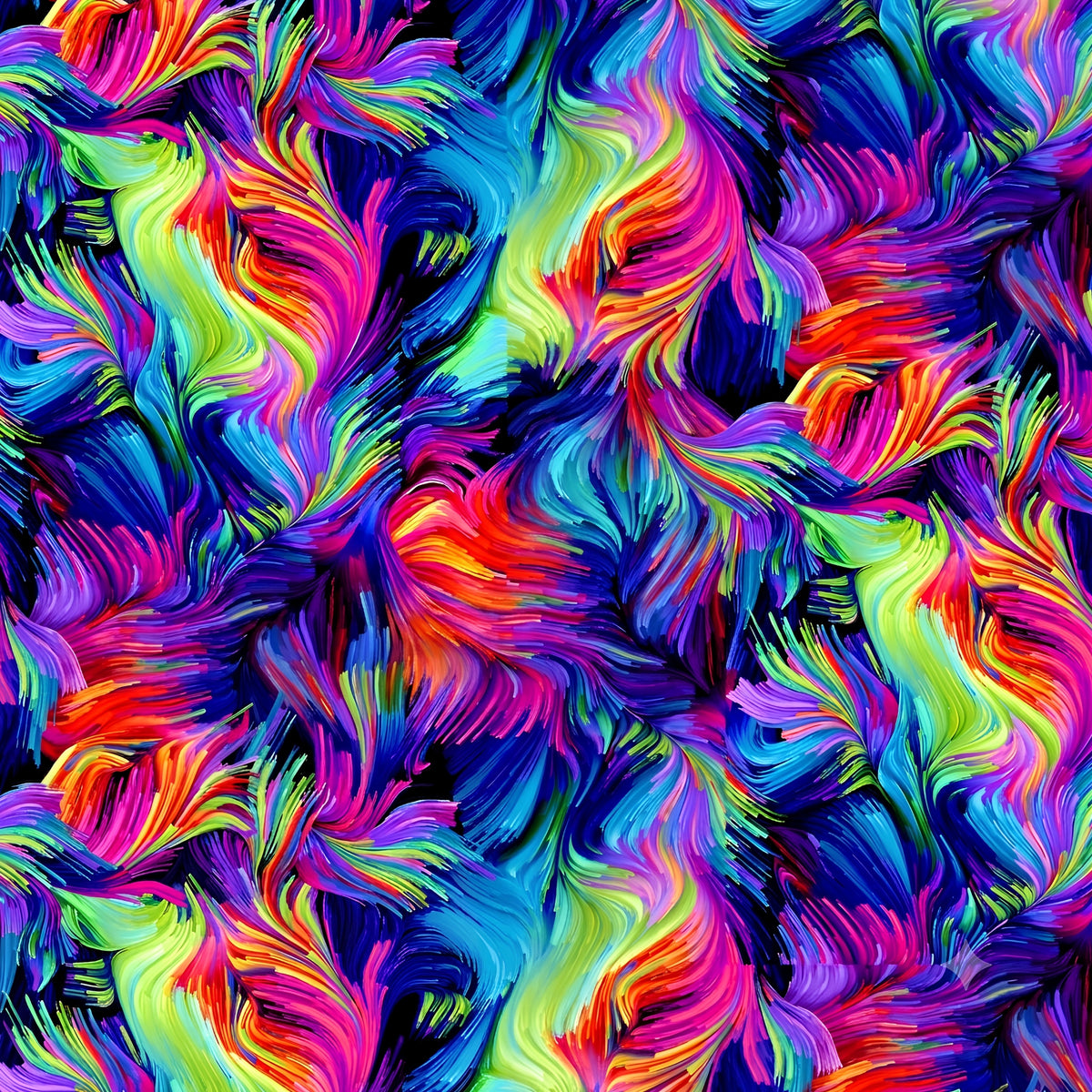Swirling rainbow brushstroke blender blue purple pink fuchsia yellow lime green turquoise black background digital print fabric for feature quilts bags and bold patchwork sewing projects