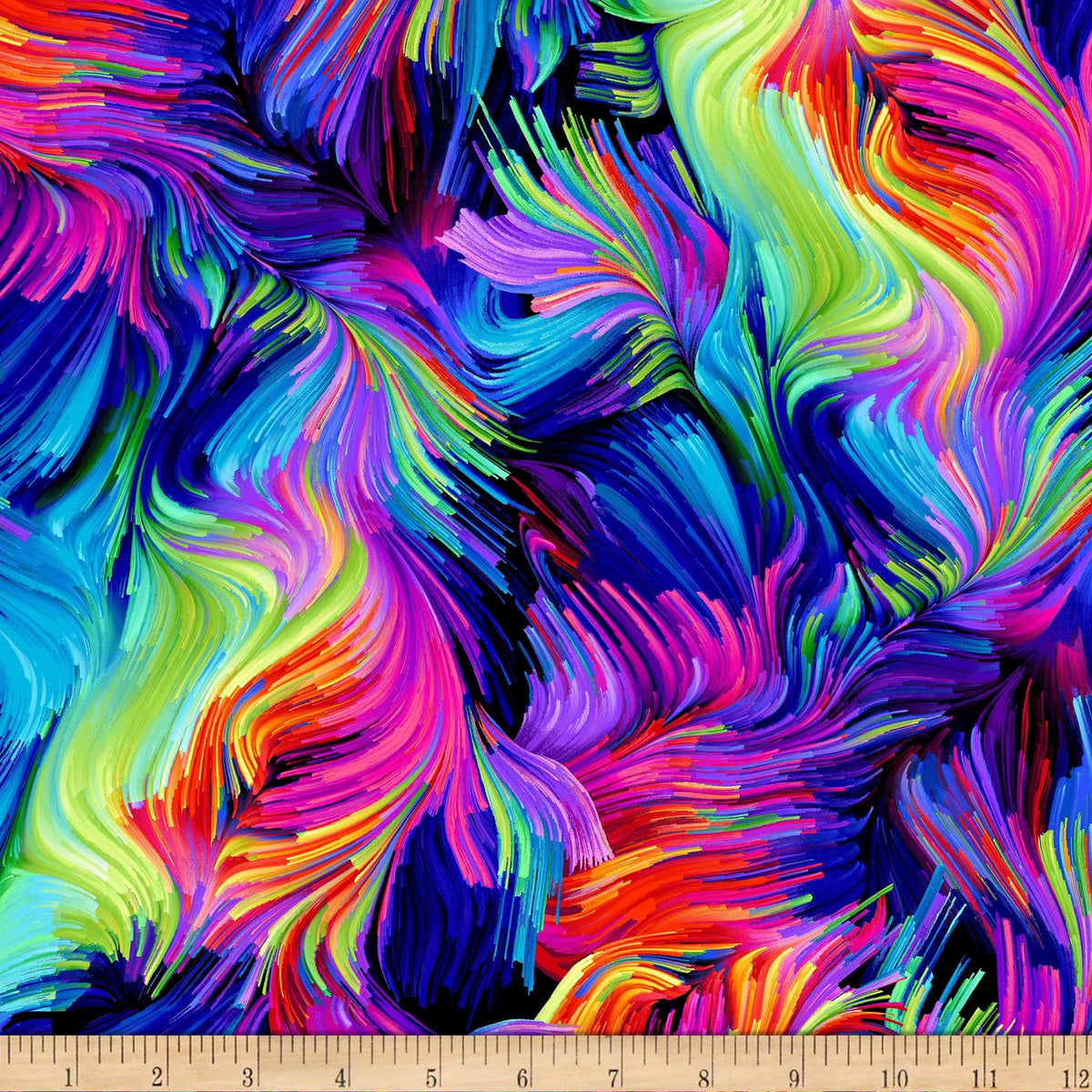 Swirling rainbow brushstroke blender blue purple pink fuchsia yellow lime green turquoise black background digital print fabric for feature quilts bags and bold patchwork sewing projects