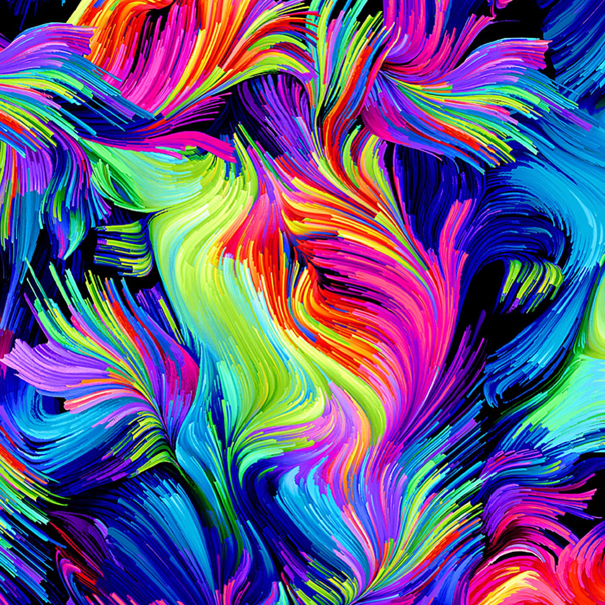 Swirling rainbow brushstroke blender blue purple pink fuchsia yellow lime green turquoise black background digital print fabric for feature quilts bags and bold patchwork sewing projects