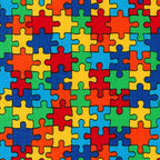 Puzzle pieces multicolour primary colours red blue green yellow orange cotton fabric for children's quilts kids novelty autism awareness patchwork projects