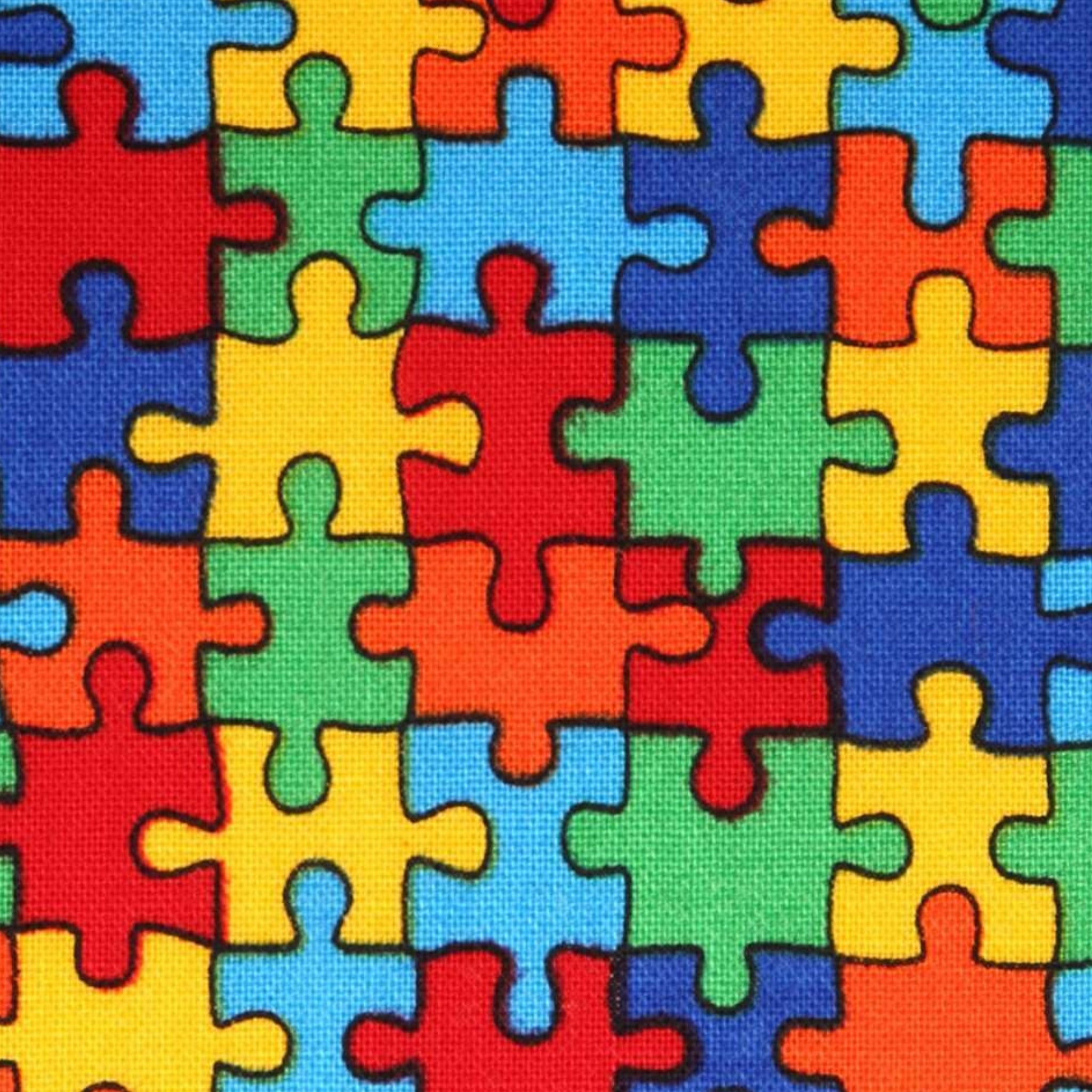 Puzzle jigsaw pieces multicolour primary colours red blue green yellow orange cotton fabric for children's quilts kids novelty autism awareness patchwork projects