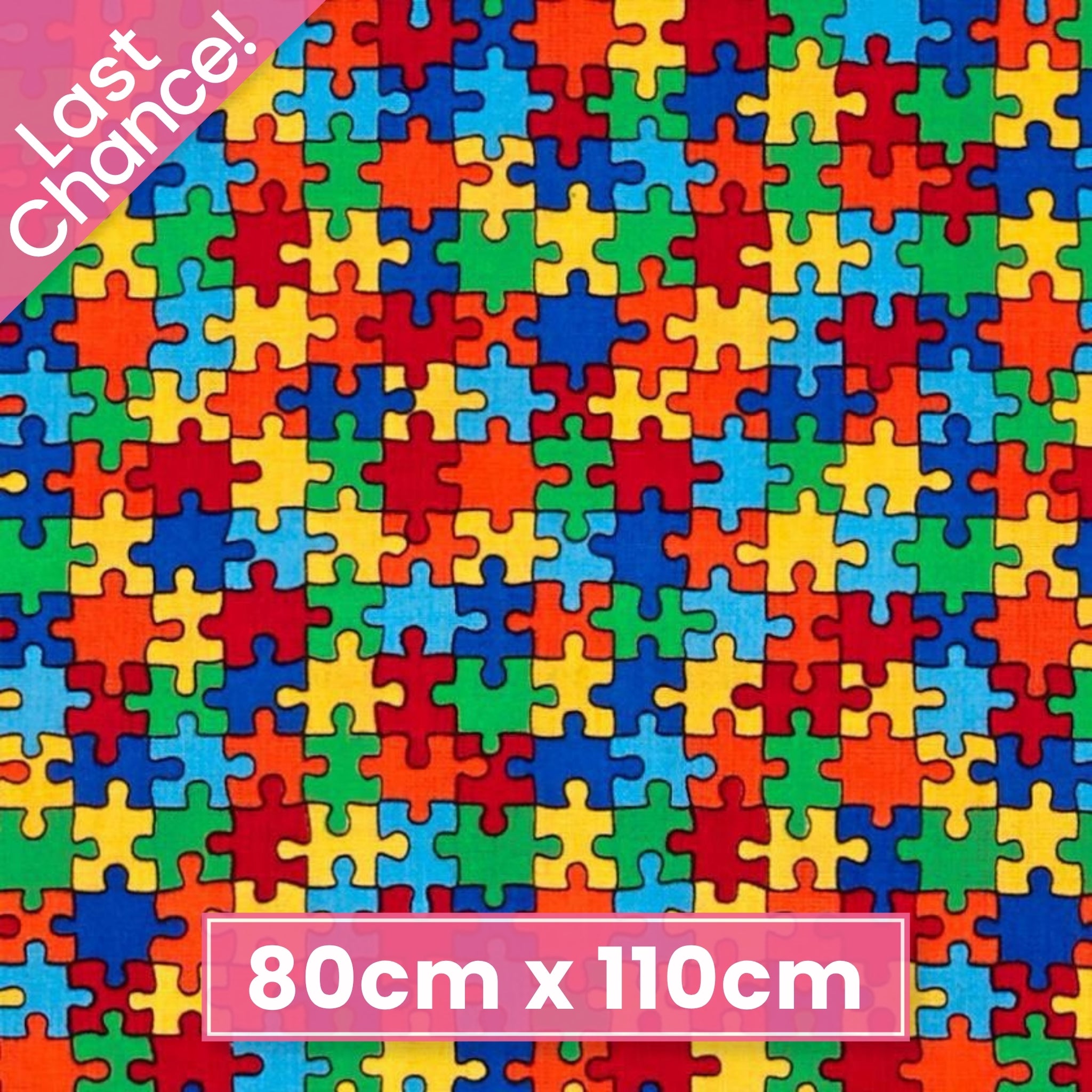 Puzzle pieces multi primary colours red blue green yellow orange cotton fabric for children's quilts kids novelty autism awareness patchwork projects