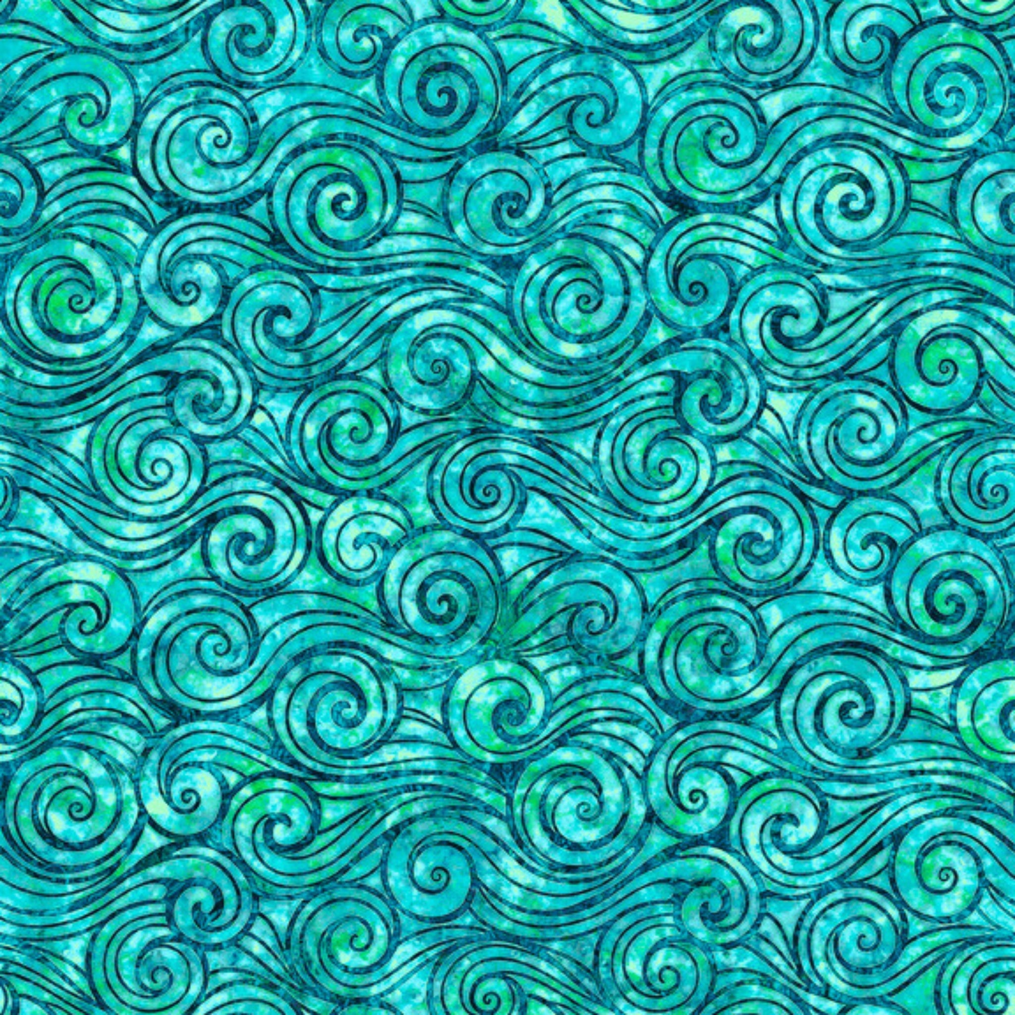 Swirling waves turquoise teal emerald green fabric for ocean-themed quilts coastal home décor and patchwork sewing projects