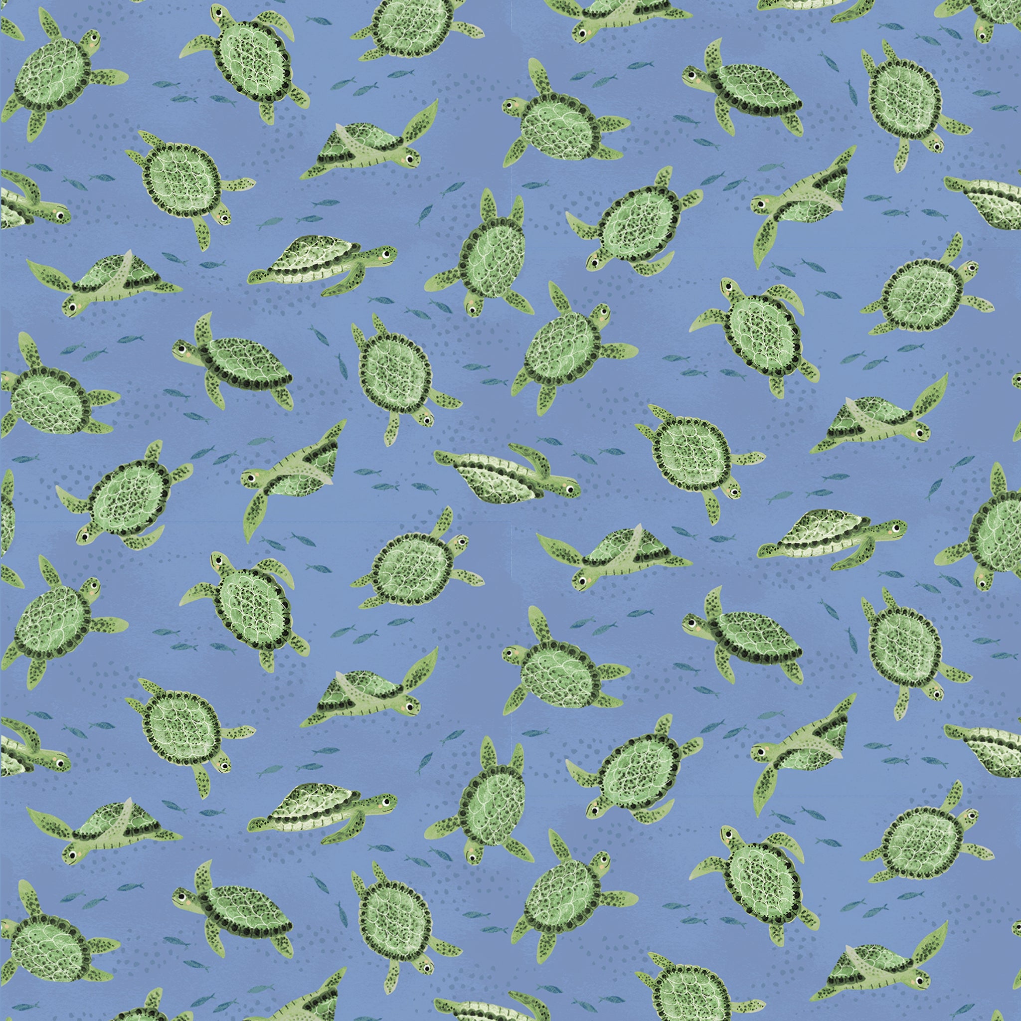 Green sea turtles fish denim blue novelty quilting fabric beach boys children's ocean quilts coastal projects