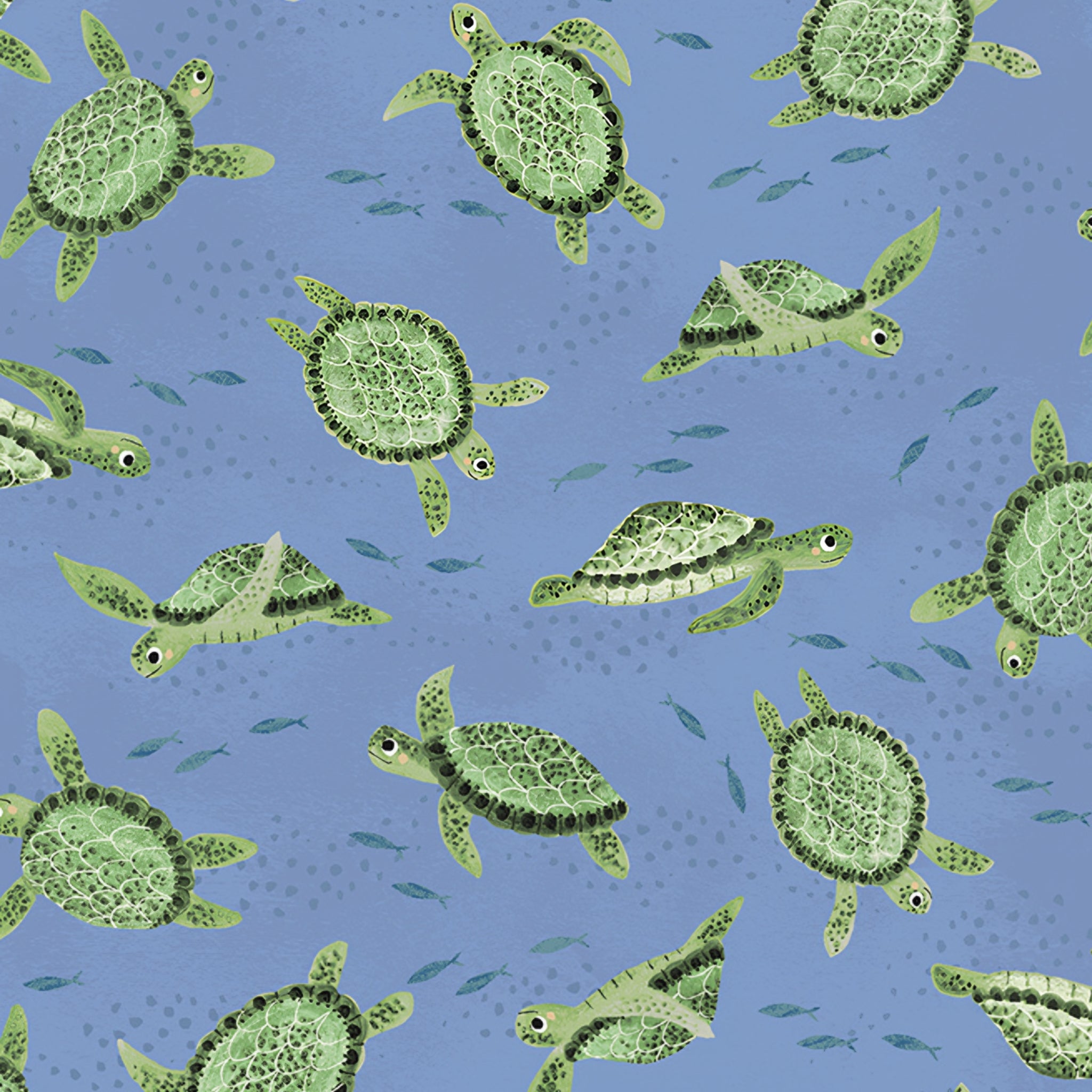 Green sea turtles fish denim blue novelty quilting fabric beach boys children's ocean quilts coastal projects