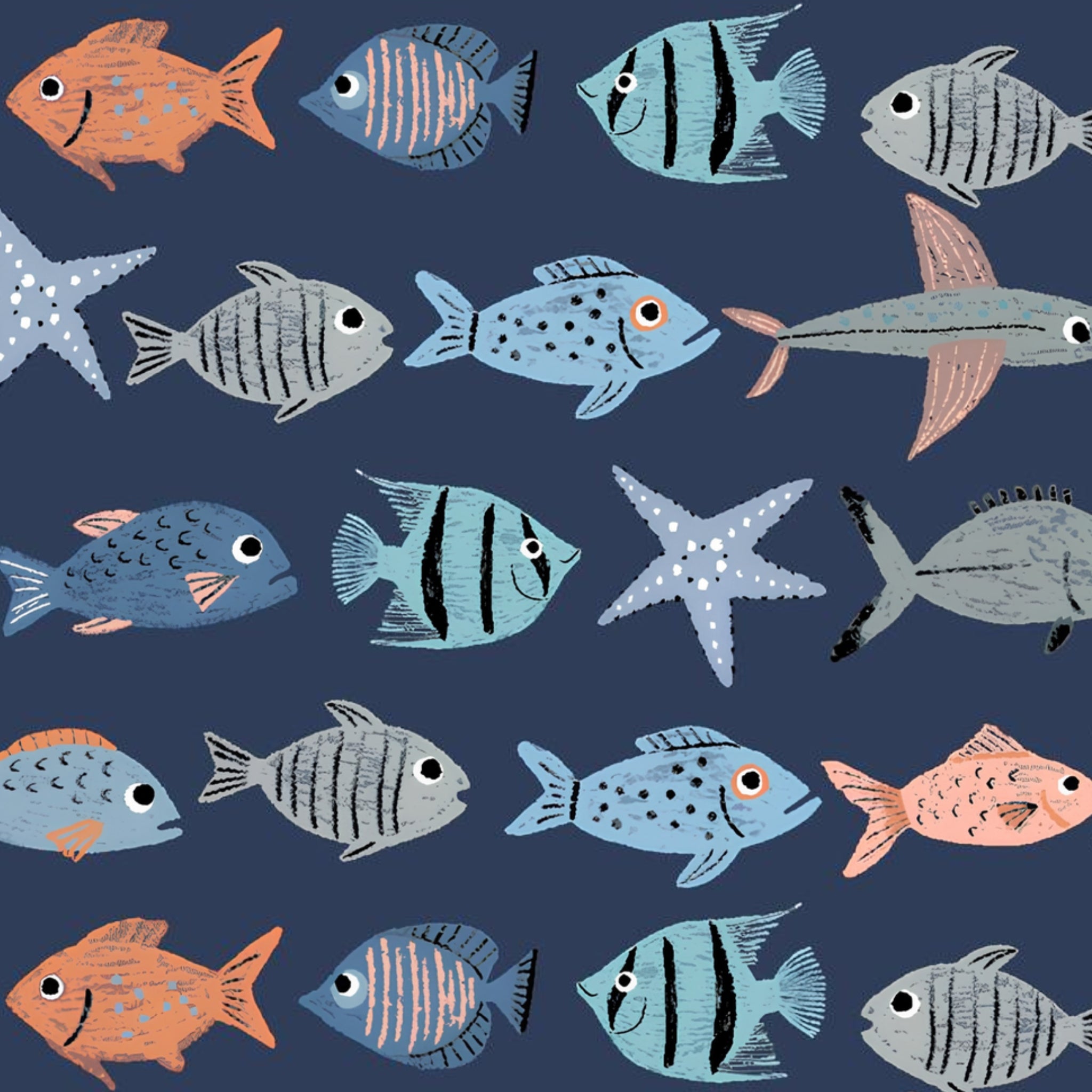 Illustrated tropical fish starfish blue orange peach grey navy novelty quilting fabric boys beach ocean fisherman gifts
