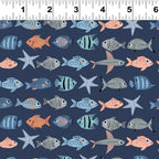 Illustrated tropical fish starfish blue orange peach grey navy novelty quilting fabric boys beach ocean fisherman gifts