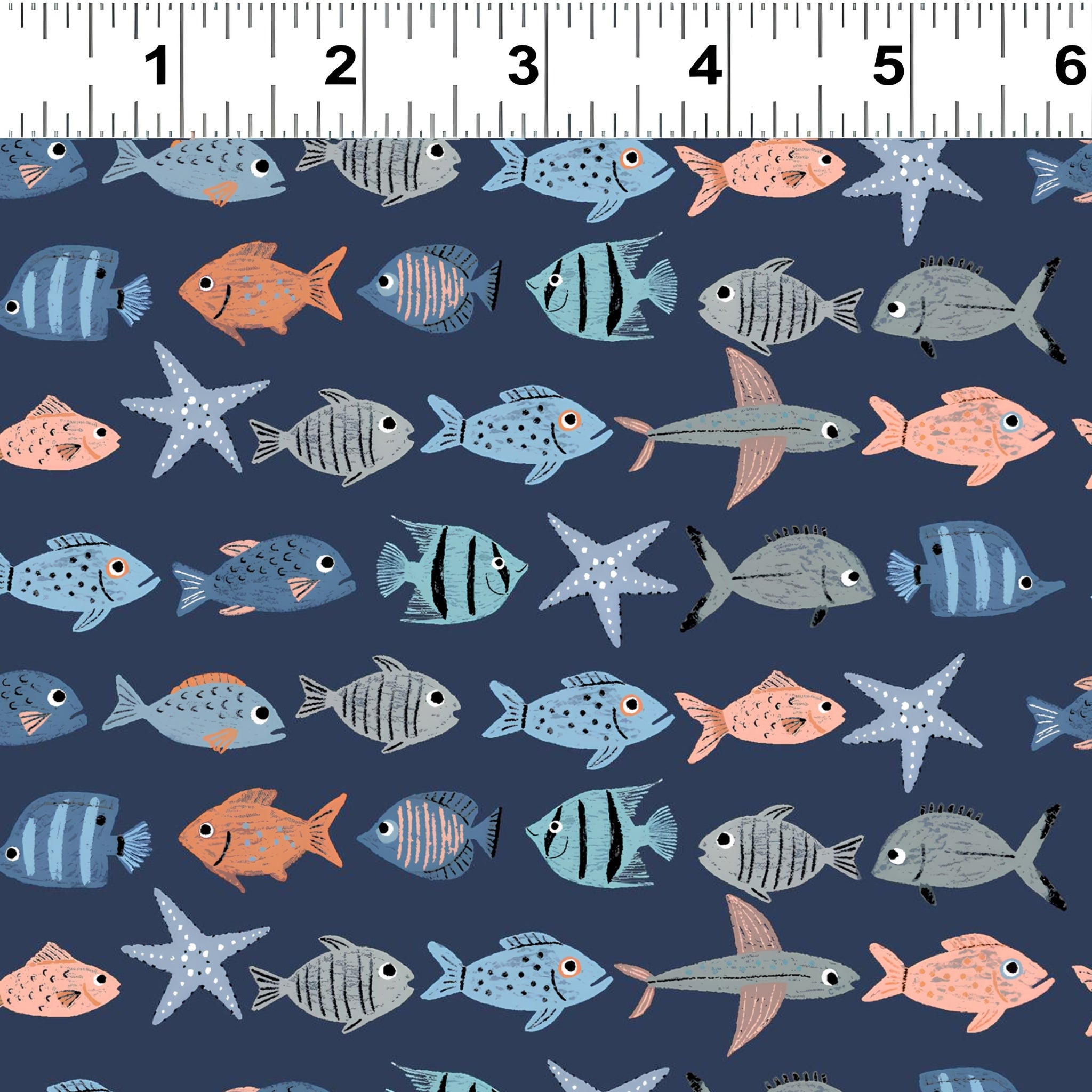 Illustrated tropical fish starfish blue orange peach grey navy novelty quilting fabric boys beach ocean fisherman gifts