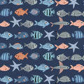 Illustrated tropical fish starfish blue orange peach grey navy novelty quilting fabric boys beach ocean fisherman gifts