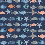 Illustrated tropical fish starfish blue orange peach grey navy novelty quilting fabric boys beach ocean fisherman gifts