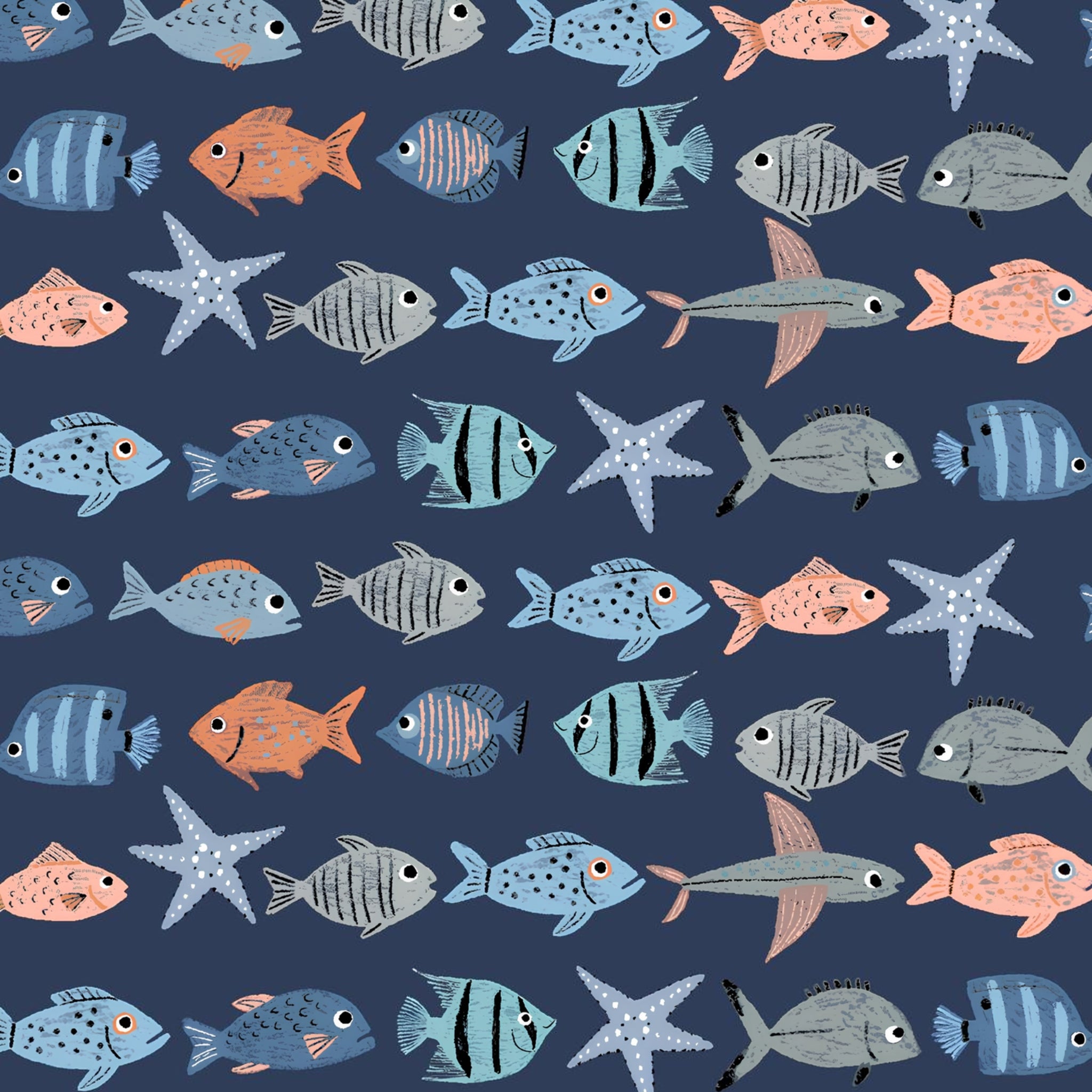 Illustrated tropical fish starfish blue orange peach grey navy novelty quilting fabric boys beach ocean fisherman gifts