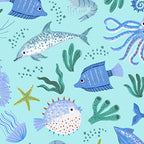 Octopus squid dolphins pufferfish seahorses shrimp tropical fish starfish seaweed aqua novelty quilting fabric kids boys beach ocean projects