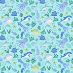 Octopus squid dolphins pufferfish seahorses shrimp tropical fish starfish seaweed aqua novelty quilting fabric kids boys beach ocean projects